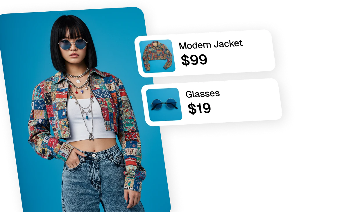 Execution flow mockup showing shoppable product tag pop‑up on image click